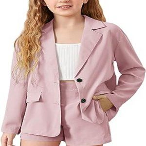 Girl's 2 Piece Outfits Button Front Long Sleeve Blazer and Shorts Set